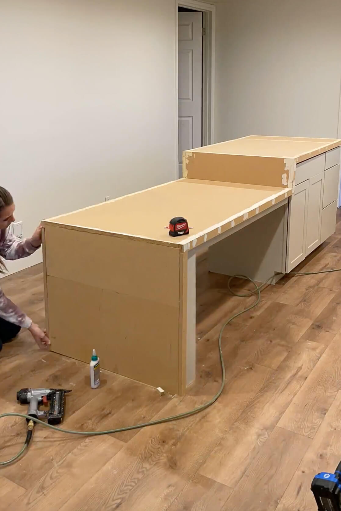 Building a DIY waterfall kitchen island.